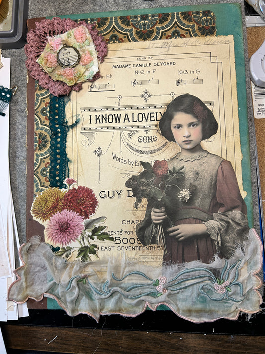 Mixed Media Girl with Flowers ~ 9 X 12"