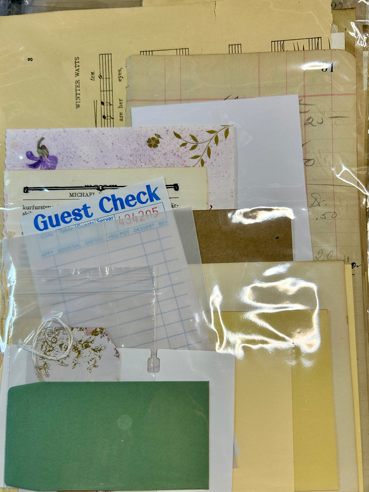 Paper Pack w/ vintage ledger, greeting card & envelopes