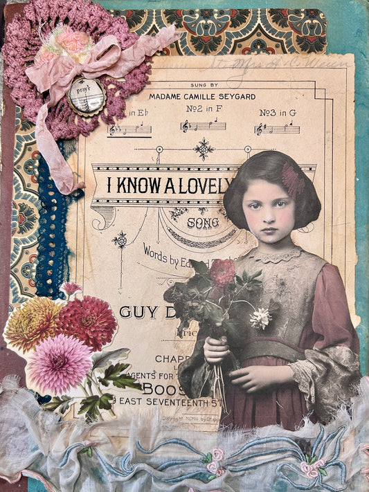 Mixed Media Girl with Flowers ~ 9 X 12"
