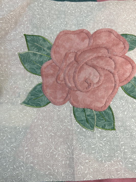 White w/ Pink Rose & pink squares with teal roses