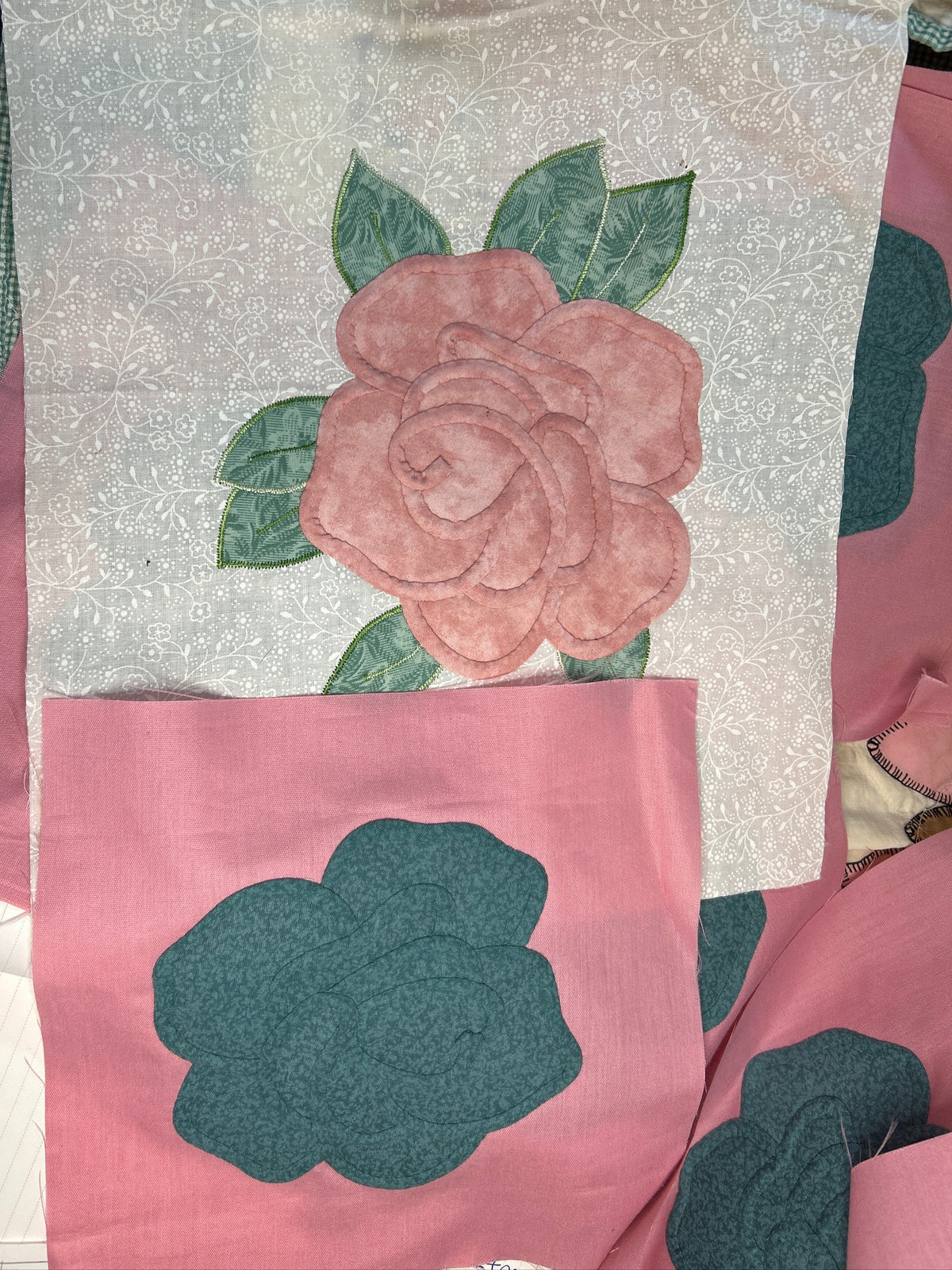 White w/ Pink Rose & pink squares with teal roses