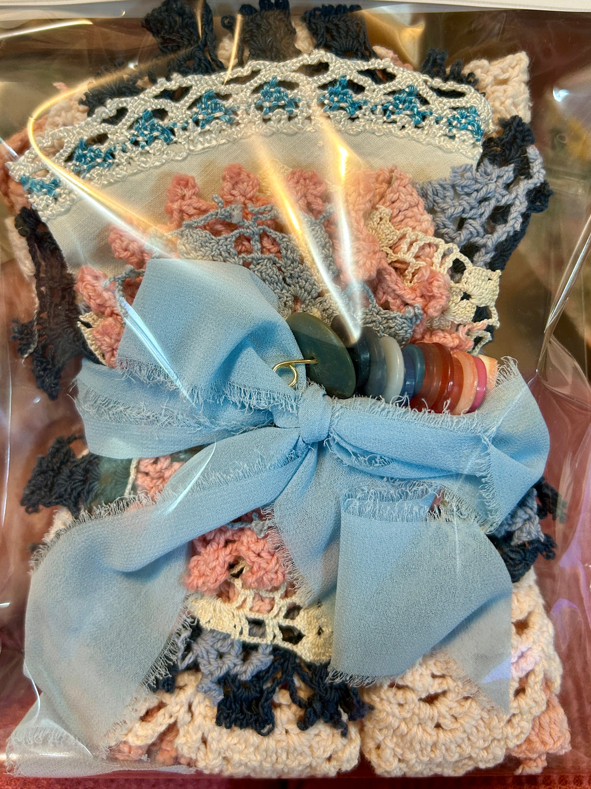 Pink & Blue Doily bundle w/ pink & blue buttons