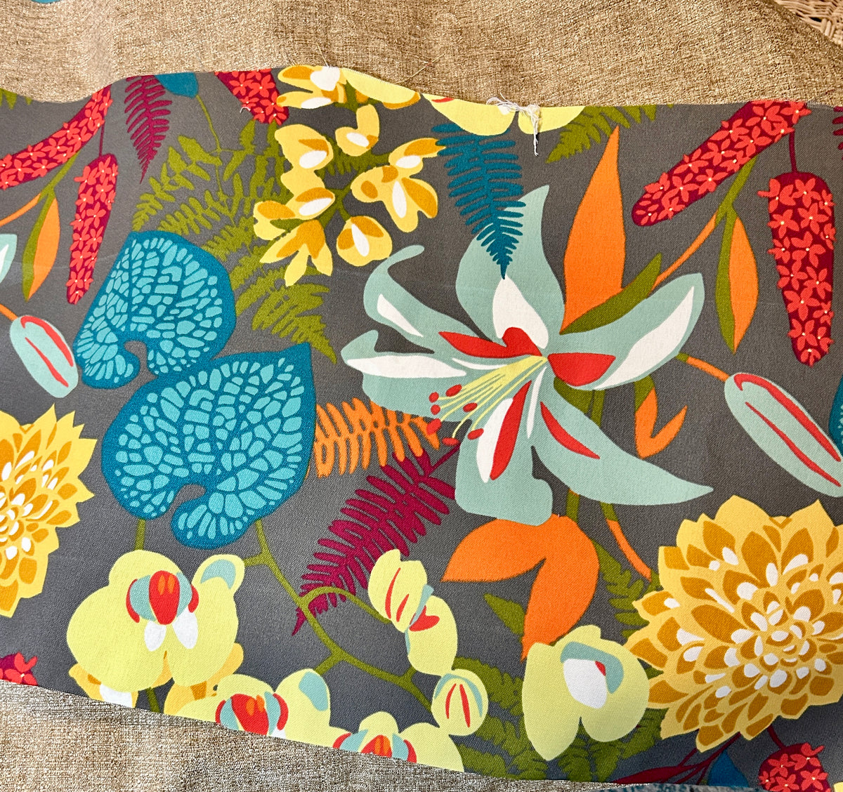 Colorful floral pattern on a textured fabric background